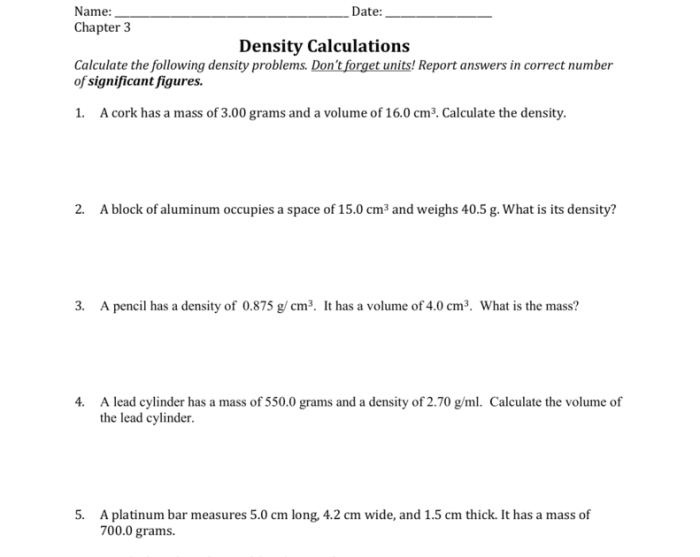 Density mass volume worksheet with answers