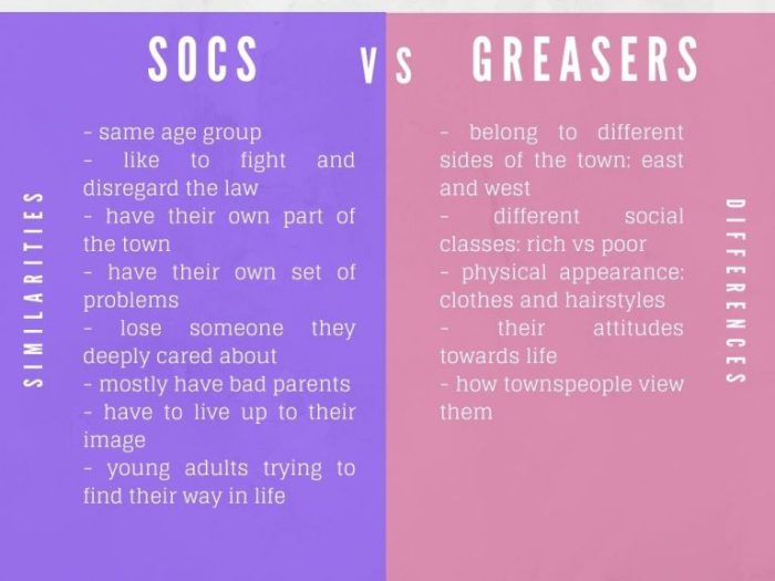 Compare and contrast the socs and the greasers